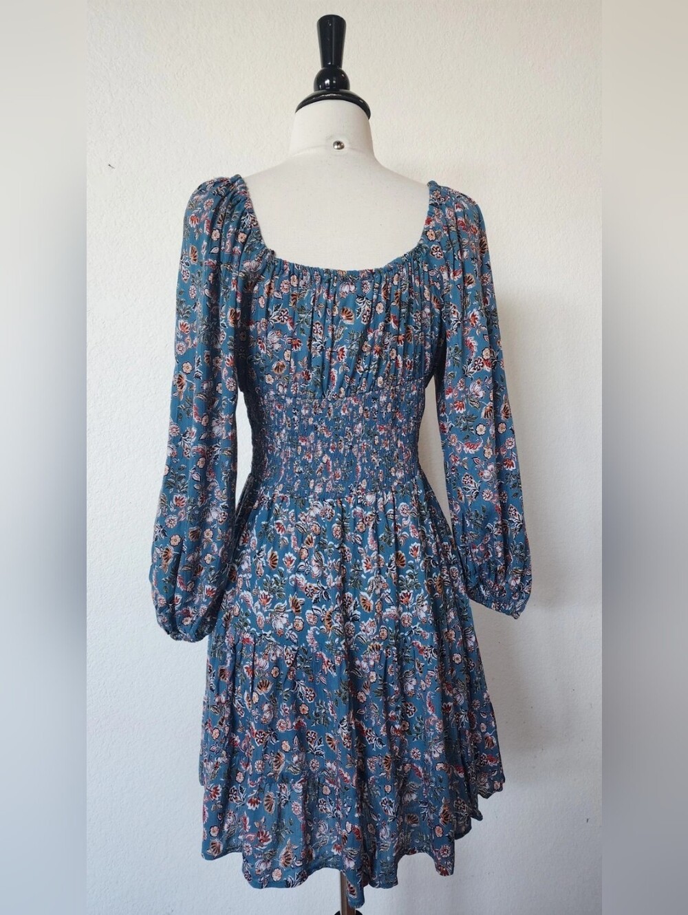 Blue Floral Long-Sleeve Smocked Waist Dress - Picture 3 of 4